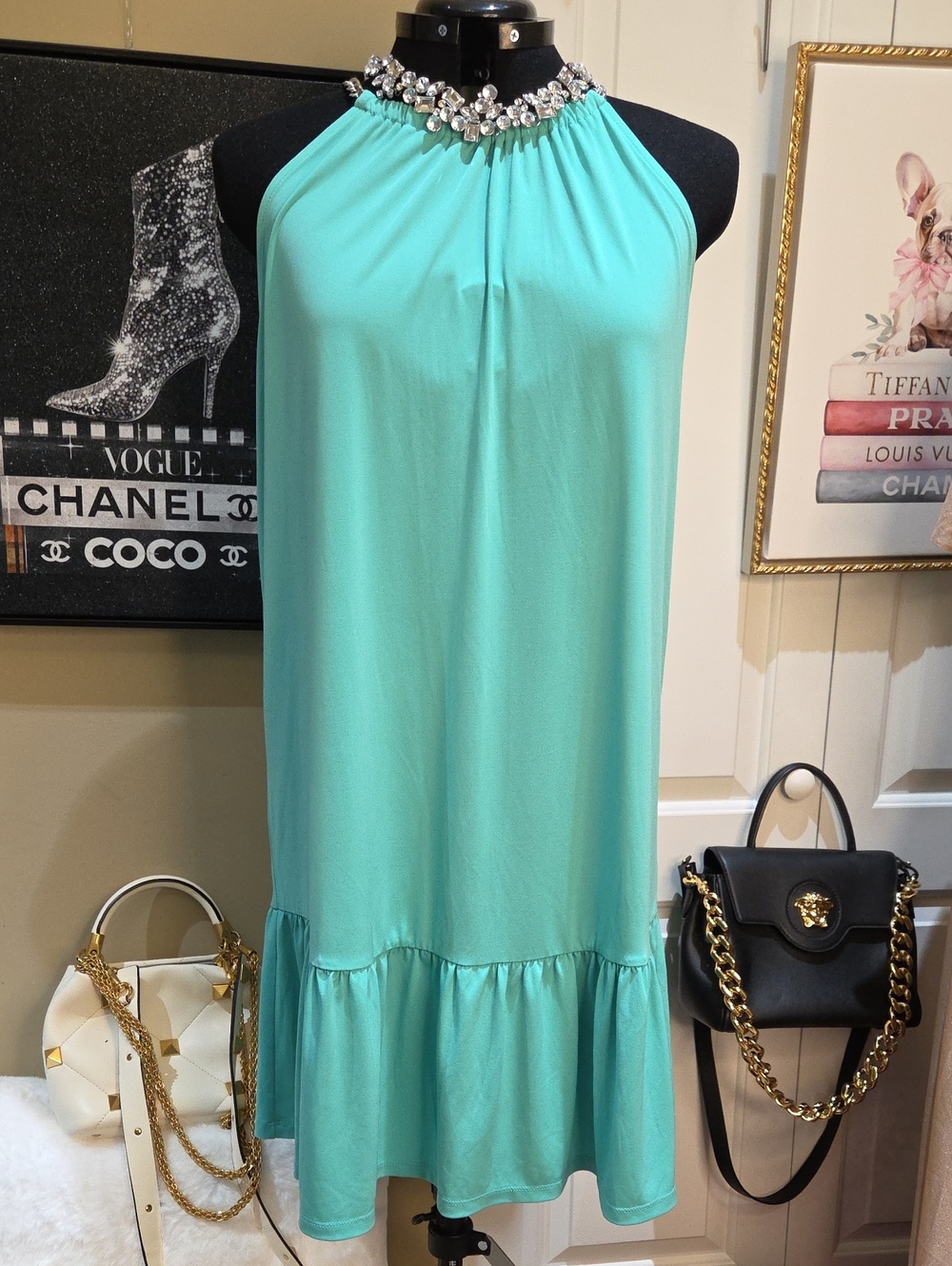 Michael Kors Aqua Halter Jewel-Neck Mini Dress